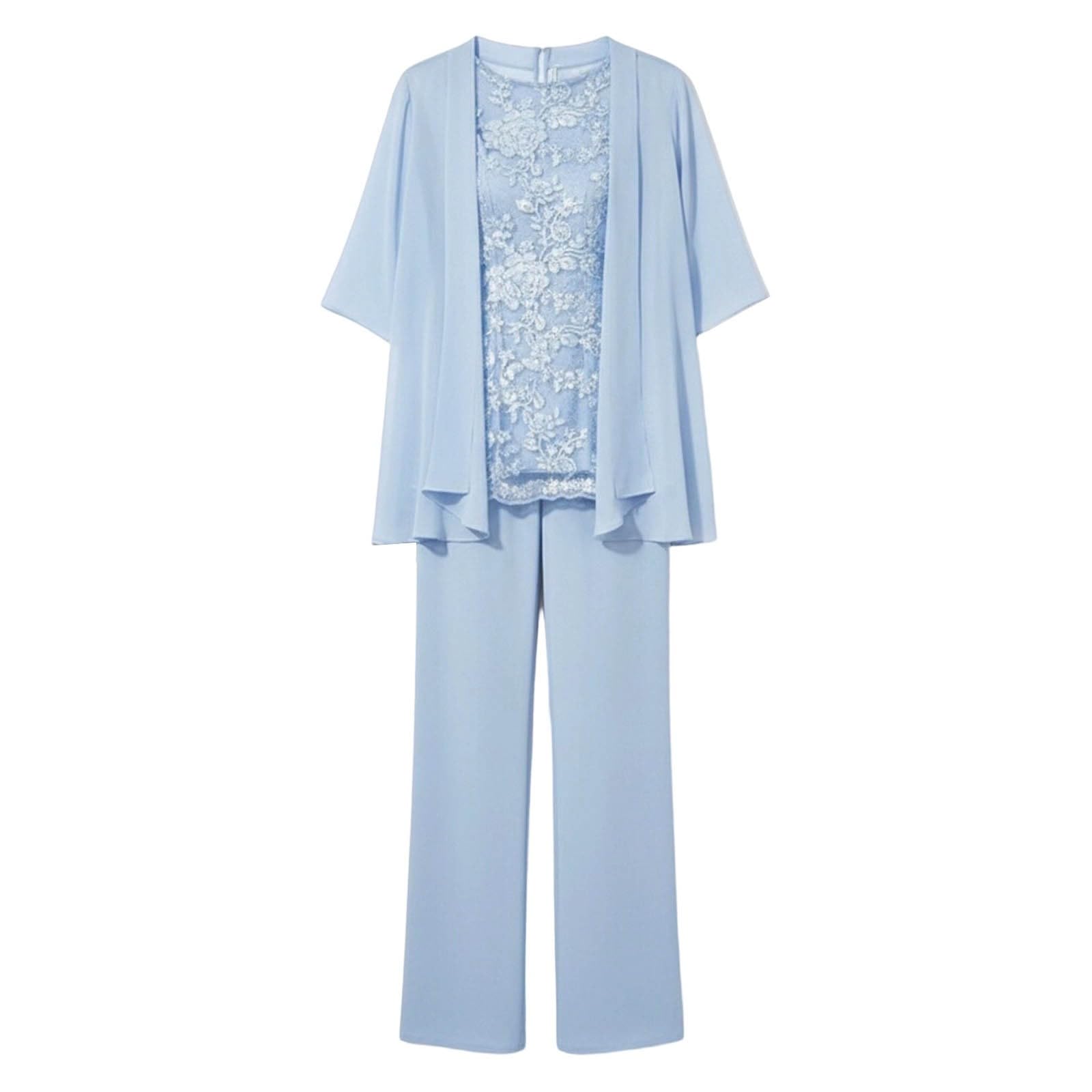 Generisch Ensemble 3 pièces pour femme - Tenue festive et décontractée - Élégant - En dentelle - Cardigan à manches longues et pantalon - En mousseline de soie - Pour mariage, cocktail, soirée