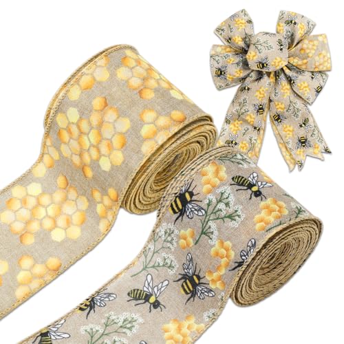 JarThenaAMCS Bee Wired Edge Ribbons Craft Ribbon 2.5 Inch Bumble Bee Honeycomb Fabric Wrapping Ribbon for Bow Wreath Summer Party Home Decor 2 Rolls 20 Yards