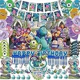 151Pcs Birthday Party Supplies, Birthday Party Decoration Includes Happy Birthday Banner, Backdrop, Masks, Cake Topper, Cupcake Toppers, Plates,Napkins,Balloons, Monster-Inc Stickers