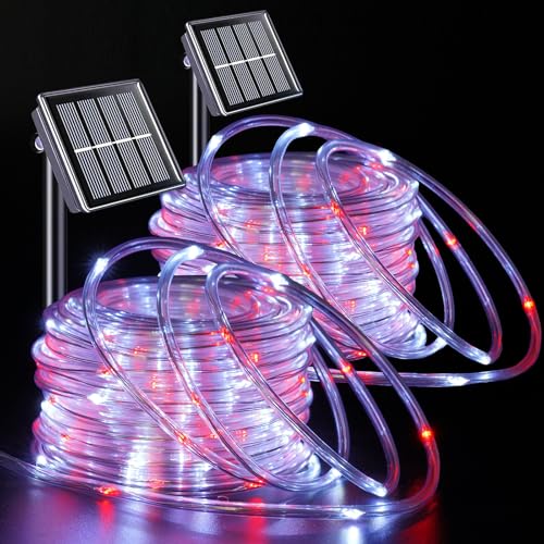 YEGUO Solar Christmas Lights Outdoor Waterproof, 2 Packs Each 33ft 100 LED Rope Lights, 8 Modes Fairy String Lights in Clear Thin Tube for Camping Fence Patio Garden Trampoline Deck(Red and White)