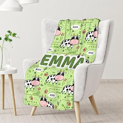 Mercuryelf Custom Cow Throw Blanket - Soft, Fuzzy & Warm - 30x40 Inches Small Blankets for Lap, Crib - Light Green Cute Throws Gift for Kids