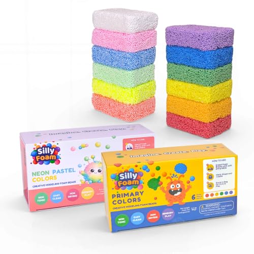 Silly Foam Creative Modeling Foam Beads 2-Pack of 6 Primary + 6 Neon Pastel Blocks No-Slime No-Mess Perfect for Preschool Kids Arts & Crafts Sensory Play STEM Travel Toy Non-Toxic (Age 3+)