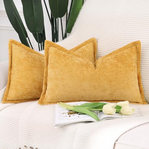 Image of MADIZZ Decorative Chenille Velvet Throw Pillow Covers Set of 2 Soft Boho Textured Neutral Couch Throw Pillow for Bed Modern Farmhouse Home Decor for Sofa Livingroom Yellow 12x20 Inch