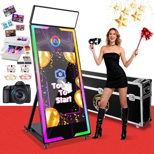 Magic Mirror Photo Booth 65“ with Camera and Printer,43'' Interactive Touch Screen Mirror Photo Booth with RGB Mood Light,Instant Print and Share for Professional Party Photography