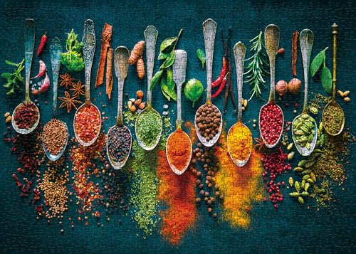 Spices on Spoon Puzzles for Adults 1000 Pieces, Vintage Spoon Jigsaw Puzzles, Funny All Sorts of World Spices Adult Puzzles Collage Puzzles