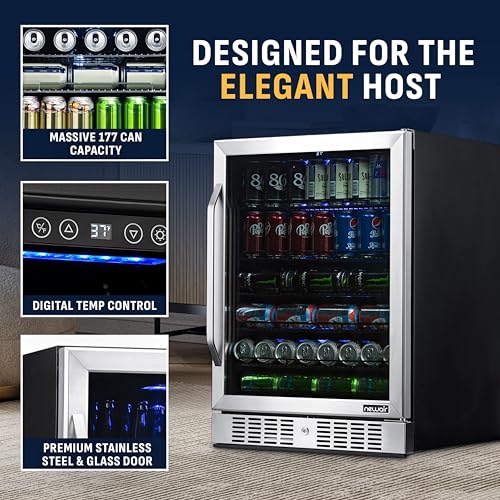Image of NewAir Beverage Refrigerator with Glass Door | 177 Can Mini Fridge for Bedroom, Dorm, Office, or Gaming Setup | Soda, Beer, and Wine Cooler | Stainless Steel