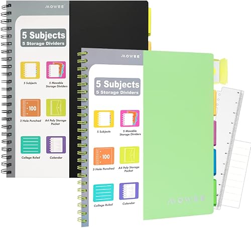 Paquete de 2 cuadernos de materias negro y verde, cuaderno de rayas universitarias con divisores de almacenamiento de 200 páginas para la escuela en