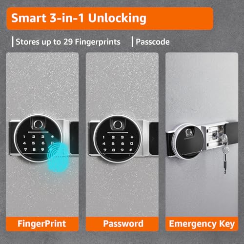 Image of Amazon Basics 55 Liters Fingerprint Safes for Home & Office - Fingerprint Lock 3-in-1 | locker safe with Motorized Door Locking Mechanism | Size : 55 H x 35 W x 36 D(cm) | Grey | Weight: 25 Kgs