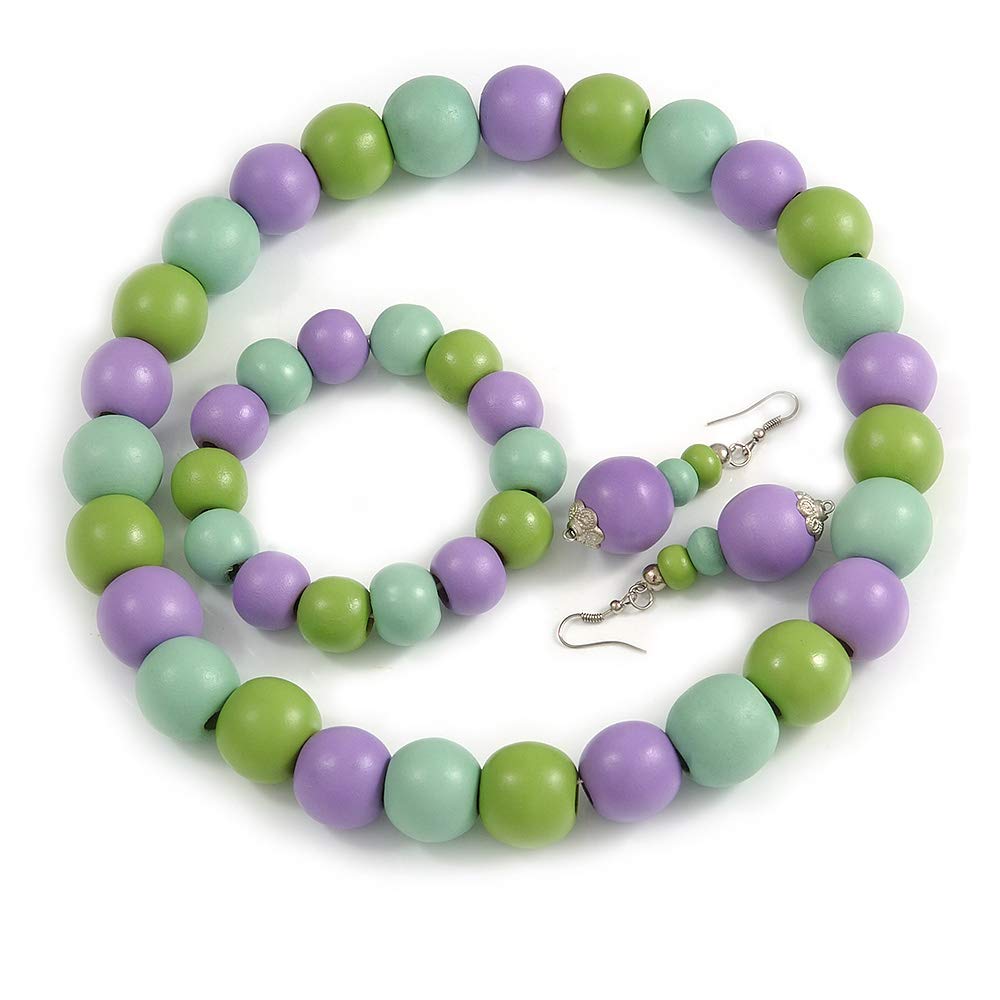 Collar, pulsera y pendientes de madera morada y verde para un look boho chic alegre 8