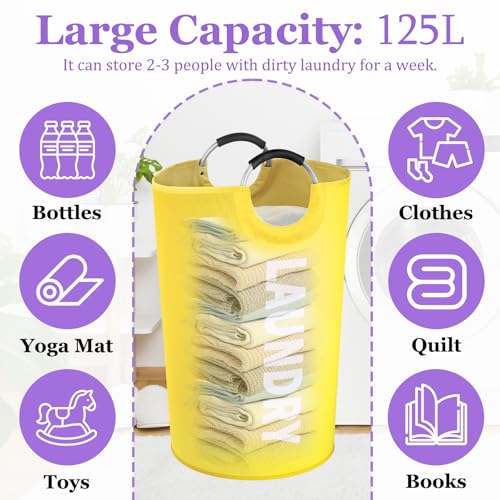 Image of 125L Large Laundry Basket with Handles, Foldable Clothes Hampers Stand Up Well, Portable Dirty Clothes Hamper, Rugged Laundry Basket for Flat, Dorm, Travel, Yellow