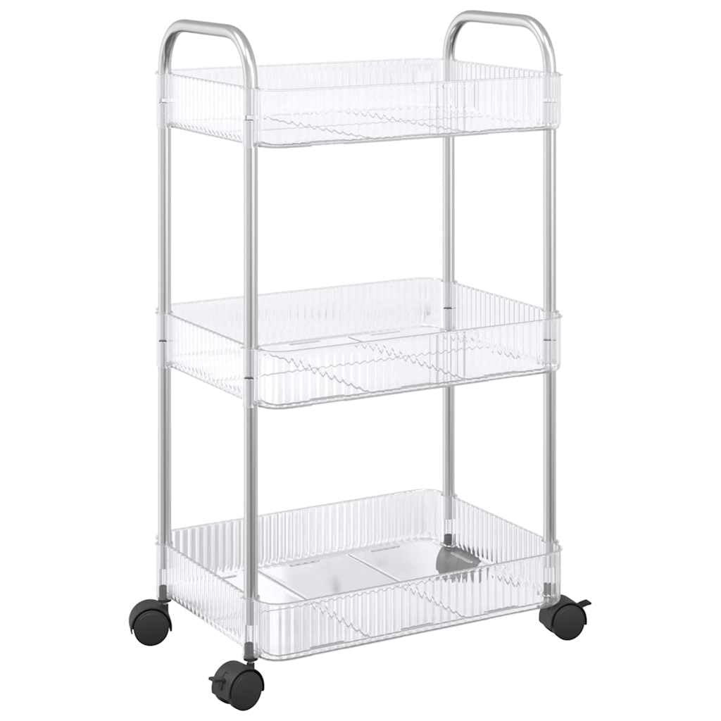 Aufbewahrungswagen 3 Etagen transparent 37x28x68 cm Acryl Edelstahl rollbar mit 4 Rädern für Haushalt, Büro, Lager, Garten, Umzug, Treppensteiger, Klappkarre, leicht, robust, vielseitig