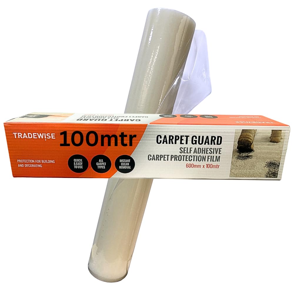 Tradewise Self Adhesive Carpet Protector Roll - 600mm x 100m - Water Resistant, Heavy Duty Floor Protector Film Roll - Carpet Protection Film for Carpets, Flooring & Stairs
