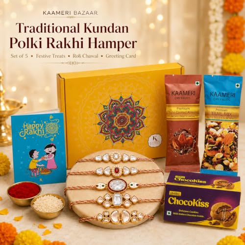 Image of Kaameri Bazaar Kundan Polki Rakhi Set of 5 with Chocolate Coated Almonds 35g, Trail Mix 35g, Chocolate Filled Cookies 75g, Roli Chawal & Greeting Card | Raksha Bandhan Gift Hamper for Brothers