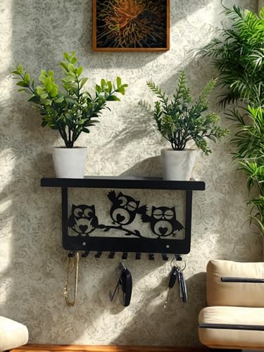 Metal Key Holder with Shelf/Mobile Stand Have 9 Hooks for Wall, M...