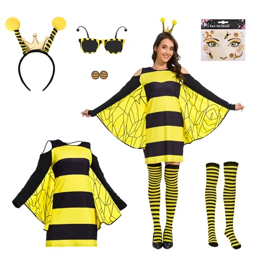 Risingor Bienen Kostüme für Erwachsene, Hummel BienenKostüm Damen mit Haarband Sonnenbrille Aufkleber Ohrstecker Socken Gelbes Honigbienenkleid...