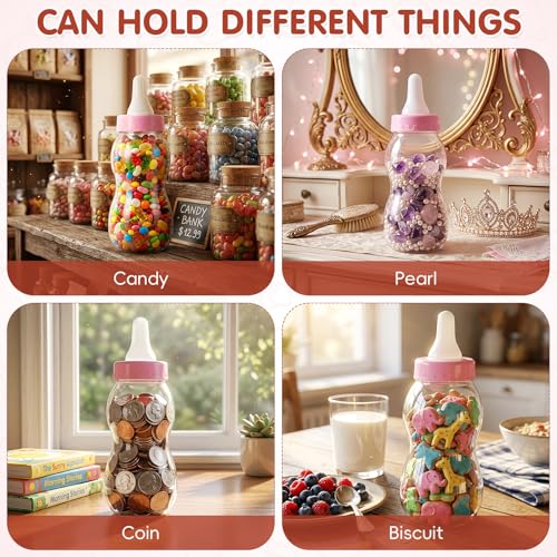 Image of Housoutil 11 Inch Baby Bottle Piggy Bank, Clear Large Plastic Baby Bottle Bank, Cute Transparent Coin Savings Box, Birthday Party Candy Jar Container for Boys Girls (Pink)