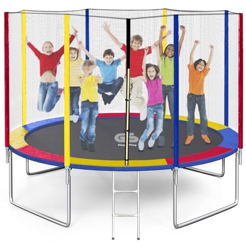 Image of Hop N Play 12FT Rainbow Trampoline for Kids & Adults | Heavy Duty, 200kg Capacity, Safety Net, Ladder, Indoor /Outdoor Fitness Bouncer for Family Fun & Exercise