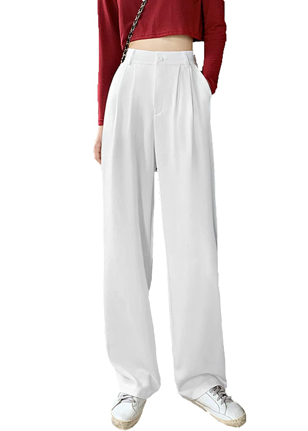 Cocoinsity Women Casual Dress Pants Summer Solid High Waist Wide Leg Loose Straight Trousers