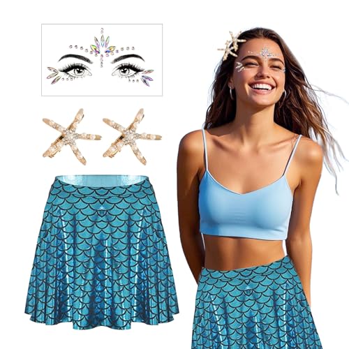 Lufdegim Disfraz de sirena para mujer, disfraz de mundo submarino, falda de sirena, estrella de mar, joyas para el pelo, tatuaje facial de sirena, disfraz para carnaval, fiesta temática