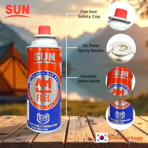 Image of Sun Butane Gas Canister 227 GMS, Pack of 8 - Portable Fuel Canister for Camping Stove, Butane Torch, Chafing Dish, Fogging Machine & Outdoor Cooking - High Safety TSR Valve