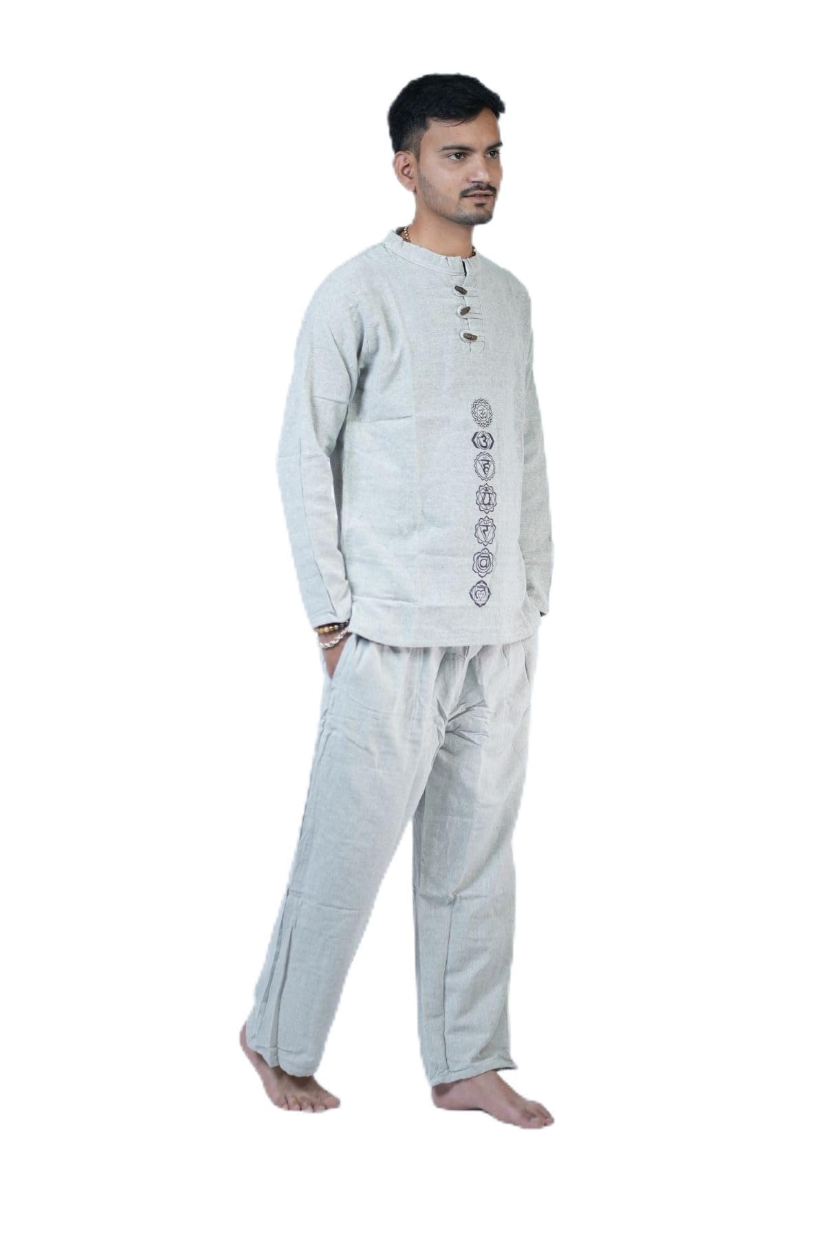 Men's Khadi Cotton 7 Chakra Alignment Kurta Co-ord Set Size M Breathable Ethnic Short Kurta with Relaxed Trousers | Yoga Meditation Printed Casual Wear Festive Twin Set Light Grey-image-3