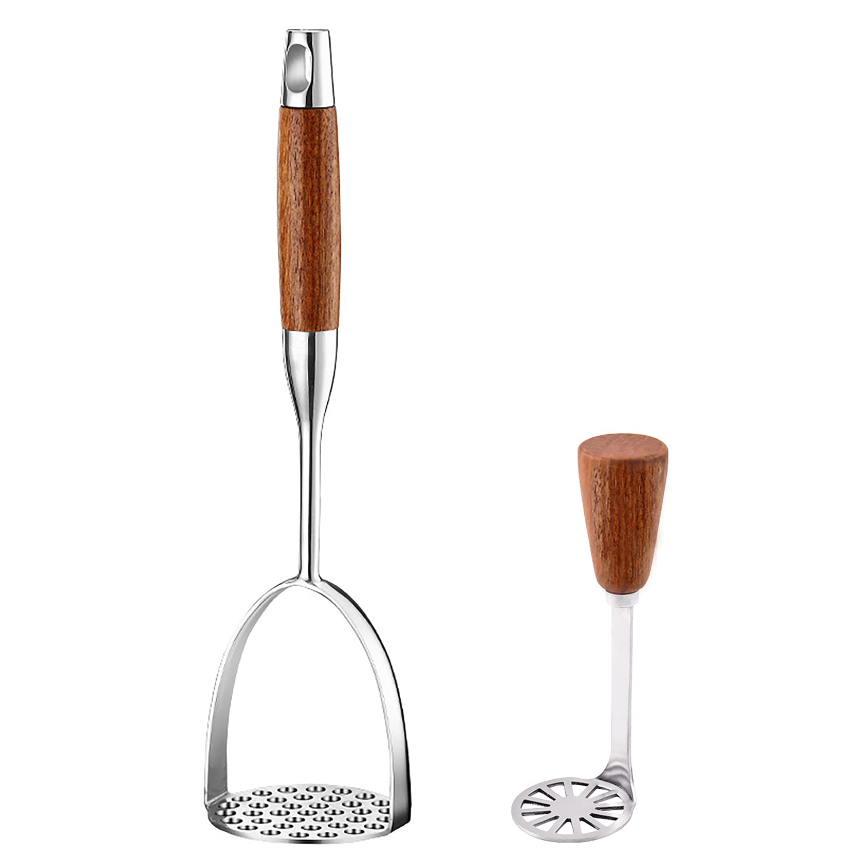 UPTALY 2 pcs Stainless Steel Potato Mashers with Wood Handle (1 Large + 1 Small), Thicken Garlic Crusher, Large Avocado Masher for Pressing Carrot, Bananas, Bean, Pumpkin, Fruits