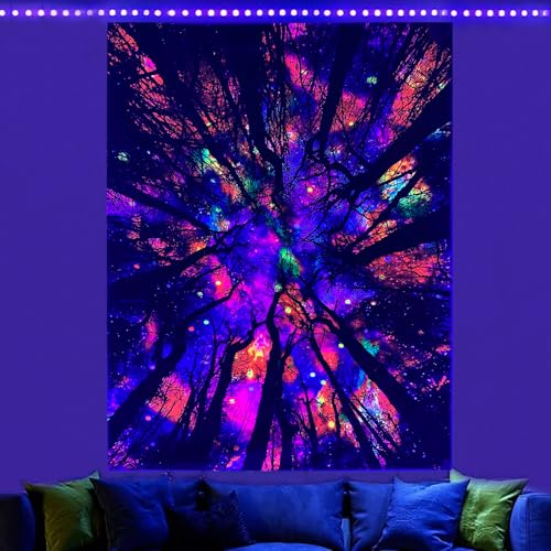 Blacklight Galaxy Forest Silhouette Tapestry for...