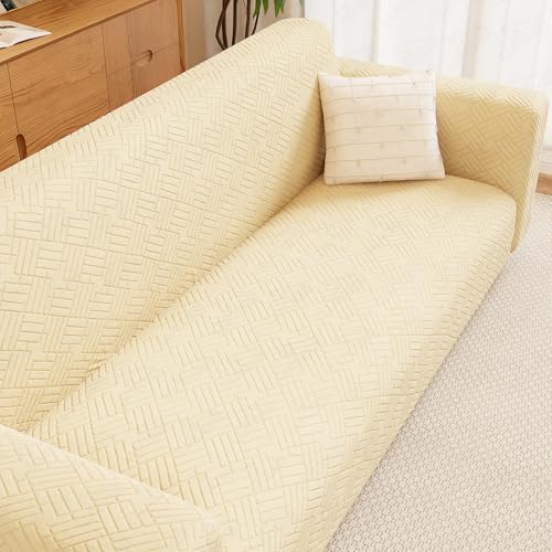 Lukzer 3 Seater Pastel Yellow Abstract Design Sofa Cover | 240 GSM Universal Stretch Fit Jacquard Fabric Couch Protector | Fully Covered Anti Slip & Washable Sofa Cover | (180-230cm/SC-170-03)