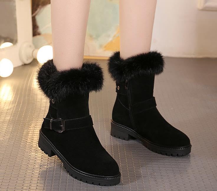 Women Winter Plush Warm Fur Lined Suede Snow Boots Outdoor Casual Side Zipper Anti-Slip Comfortable Walking Cotton Ankle Booties3