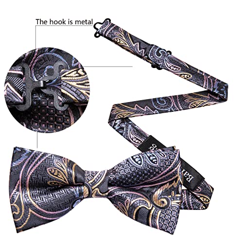 Image of Barry.Wang Paisley Striped Bow Tie for Men Silk Pre-Tied Bowtie Pocket Square Cufflinks Set Formal Wedding Party Prom