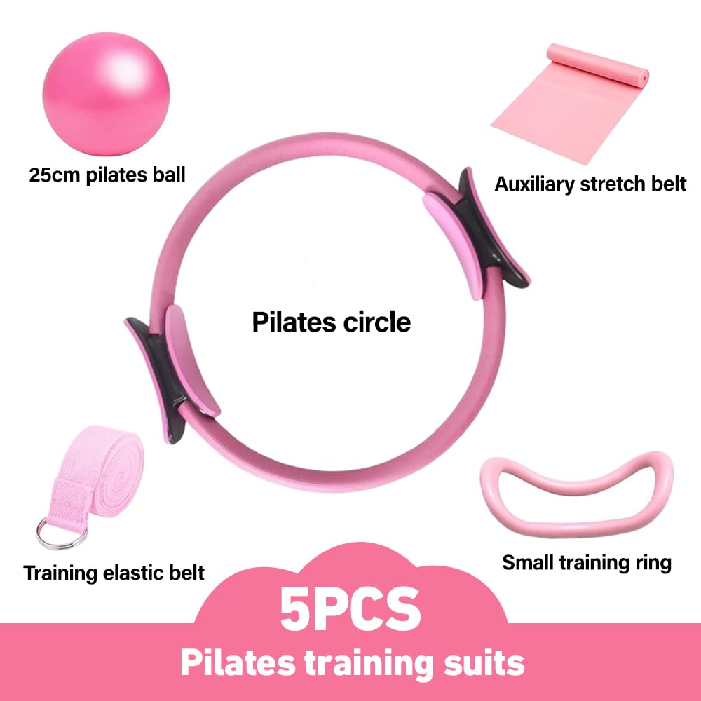 5 Pièces Ensemble D'anneaux de Pilates, Kit Essentiel de Pilates, Pilates Accessoires, Ensemble de bagues de Pilates, pour Les Jambes, Les Bras et Les Cuisses, Perte de Poids, Adultes (Rose)