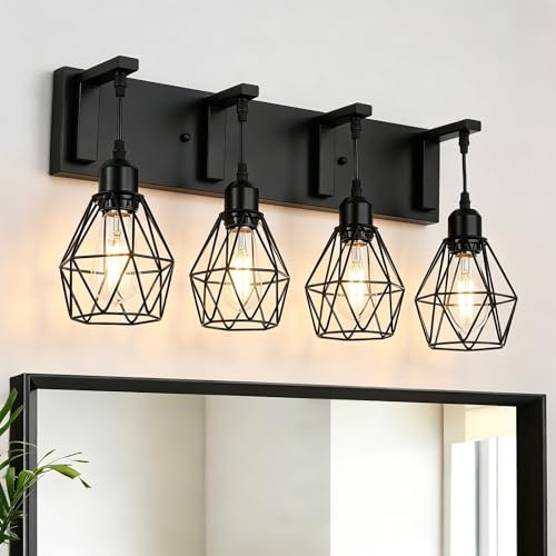 Image of Somniferous 4 Light Bathroom Vanity Light, Farmhouse Bathroom Light Fixtures Over Mirror, Black Vanity Light with Caged Metal Shade, Rustic Wall Light Fixture for Bedroom, Living Room, E26 Socket