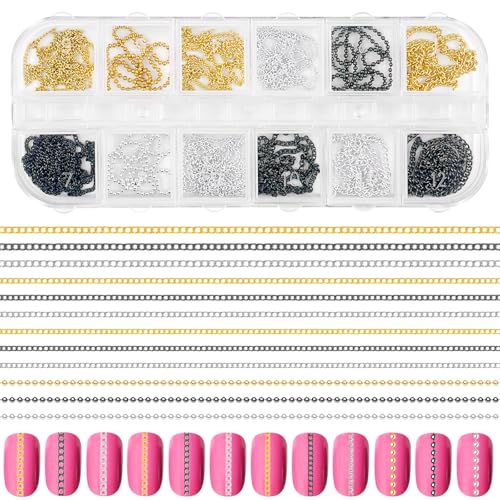 12 Strips Metal Nail Art Chains 3D Gold Silver Dark Gray Punk Gothic Nail Chain Charms Jewelry DIY Manicure Decorations Gems Studs Accessories with Storage Box for Women Girls Easy to Apply