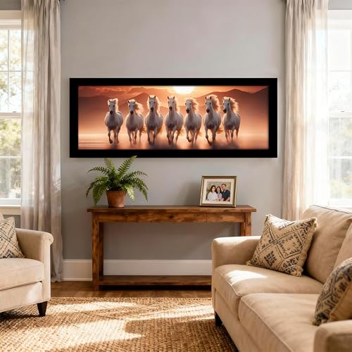 Image of PAINTINGMANTRA Running Horse Vastu Modern Wall Art Framed Luxury Paintings for Home Decoration, Living room, Bedroom and Office Decoration (99x38 CM)