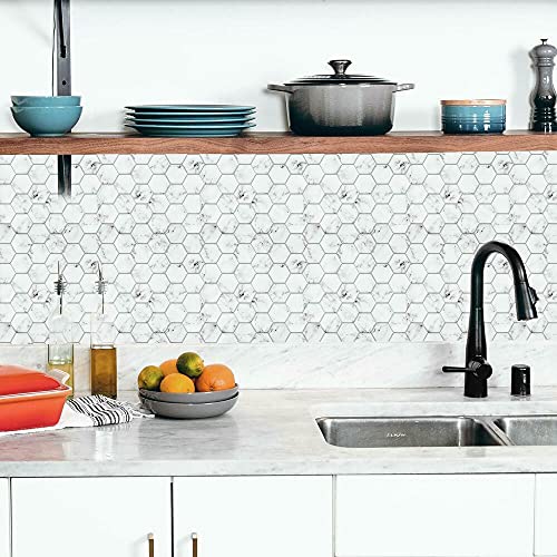 Roommates Til4245Flt Sticktiles White Carrara Marble Hexagon Peel And Stick Tile Backsplash #TOP1