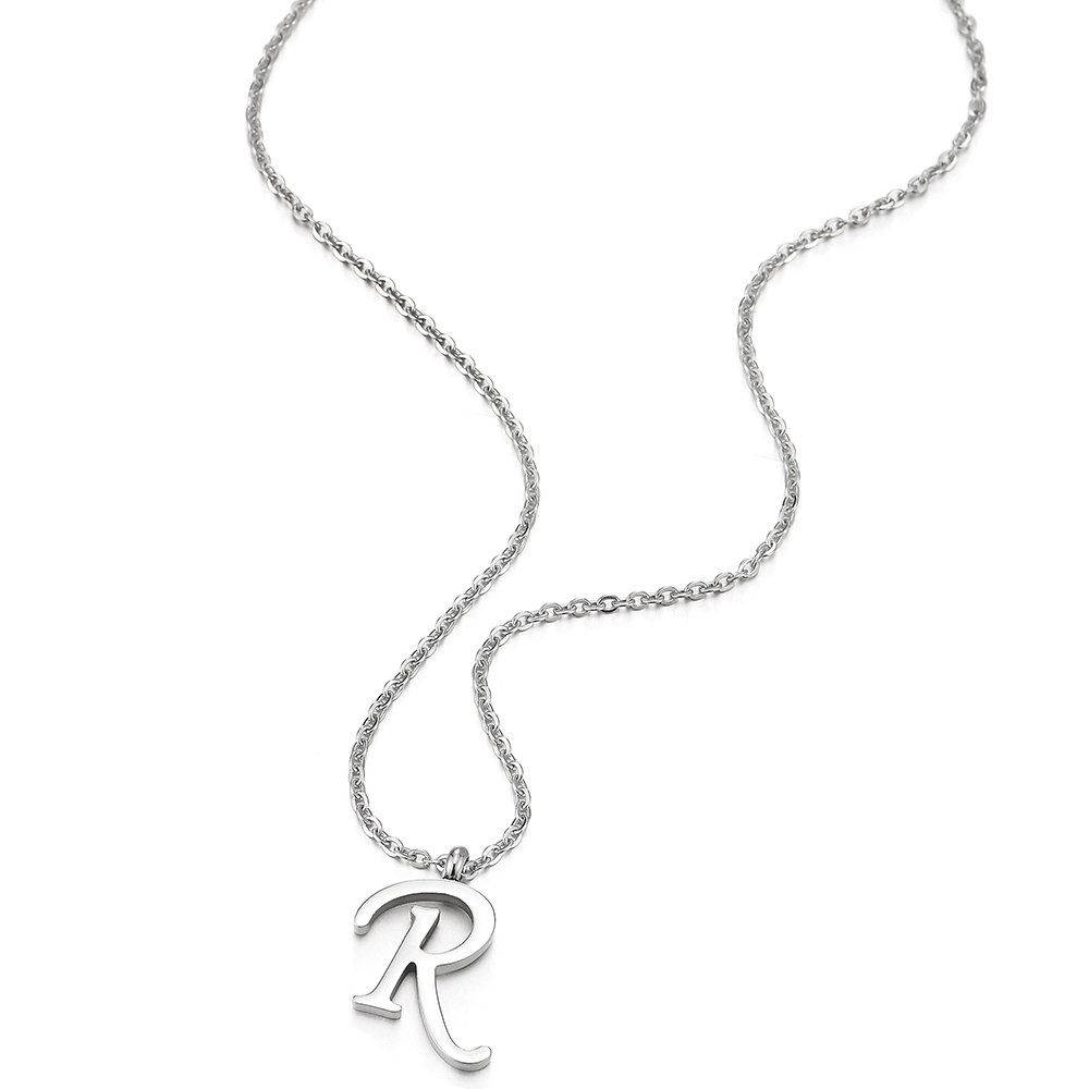 COOLSTEELANDBEYOND Nome Iniziale Lettera di Alfabeto da A-Z Ciondolo, Collana con Pendente da Donna Uomo, Acciaio, 50cm Corda Catena