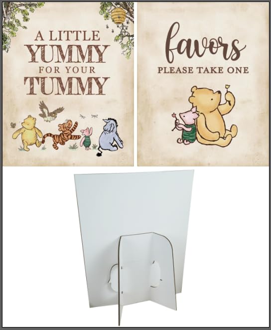 6PCS Winnie Table Sign with Stand, A Little YUMMY FOR YOUR TUMMY, Winnie Baby Shower Decorations, Classic Pooh Party Supplies, Vintage Winnie 8x10INCH