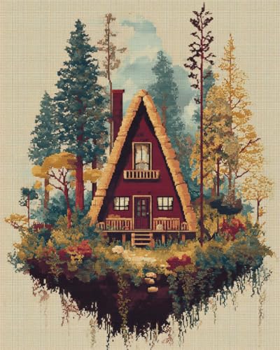 Broderie point de croix paysagère pour décorer votre salon avec une cabane en forêt
