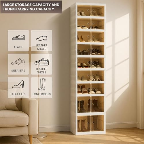 Image of Foldable Shoe Organizer Storage Box Set of 4, Portable Extra Large Folding Shoe Rack for Closet, Shoe Storage Box with Magnetic Transparent Door and Wheels, 9 Layers 18 Grids with 4 Big Grids