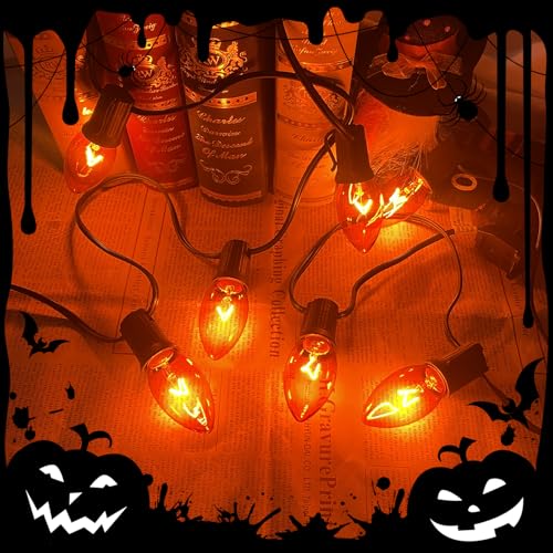 Image of GOOTHY C9 Orange Christmas String Lights, 25Ft Outdoor Christmas Decorations Lights with 26 Incandescent Orange Bulbs, Hanging Patio Lights Waterproof for Roofline Backyard Outdoor Halloween Party