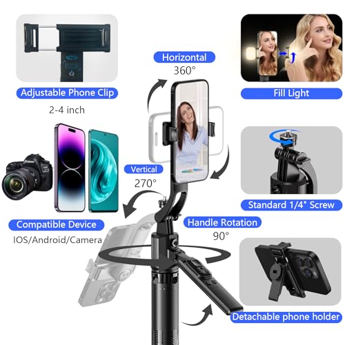 Image of Auto Face Tracking Tripod with Light, 63 inch Foldable Selfie Stick for iPhone, Phone Tripod Stand with Remote, Phone Holder Tripod for TikTok Content Creator Vlog Video Recording