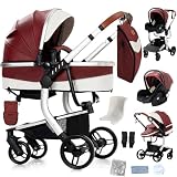 Reenborn Kinderwagen van PU-leer, 3-in-1, buggy met één klik vouwontwerp, kinderwagen met twee omkeerbare schuifmodi, combi-kinderwagen, 3-in-1 complete set frame, aluminiumlegering (B518 Red)