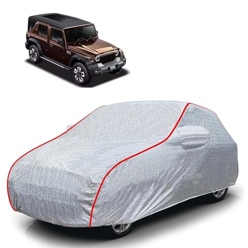 Image of Sulfar 100% Waterproof Car Body Cover Compatible with Mirror for Mahindra Thar Roxx (Triple Stitched, Full Bottom Elastic, Magic Silver with Red Piping)