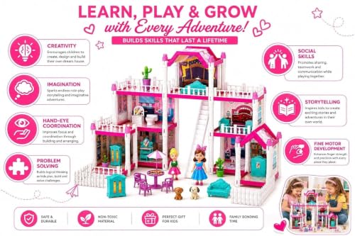 Image of Luxury Villa DIY Doll House Building Set 240 PCS with 7 Rooms, Furniture & Accessories for Girls 7+