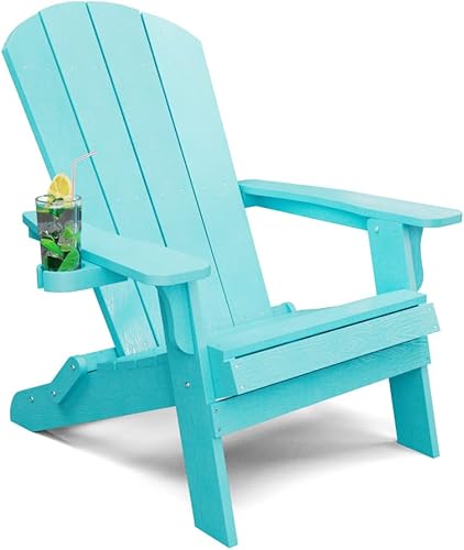 YEFU Adirondack Chair, Oversized Plastic Adirondack Chair Folding Outdoor Chairs with Cup Holder, Lawn Chair with Weather Resistant for Outside Deck Lawn Garden, Weight Capacity Up to 400 Lbs –Aruba