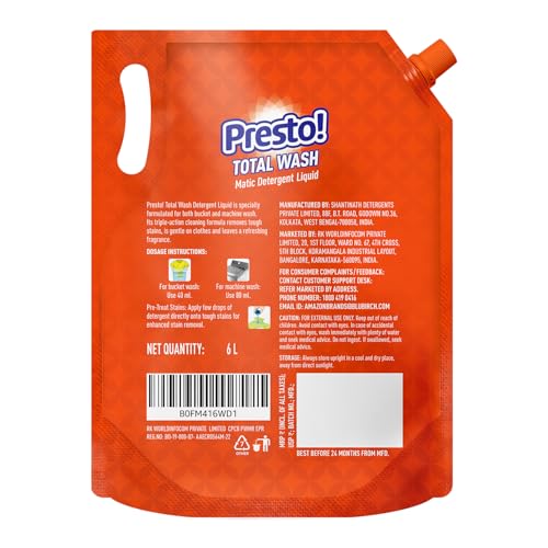 Image of Amazon Brand - Presto! Total Wash Matic Detergent Liquid | 6 Litres| Removes Tough Stains | Gentle On Fabrics | Refreshing Fragrance | Liquid Detergent For Washing Machine & Hand Wash