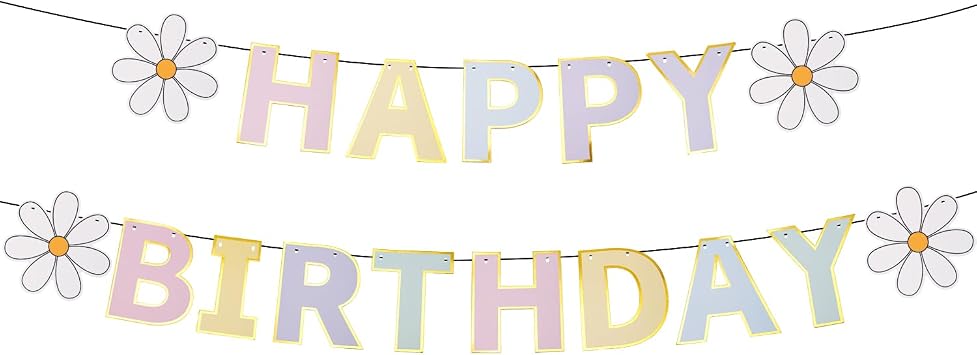 Macaron Happy Birthday Banner, Pastel Party Decorations Daisy Colorful Letters DIY Hanging Sign Bunting Garland Backdrop Supplies for Women Girls Kids