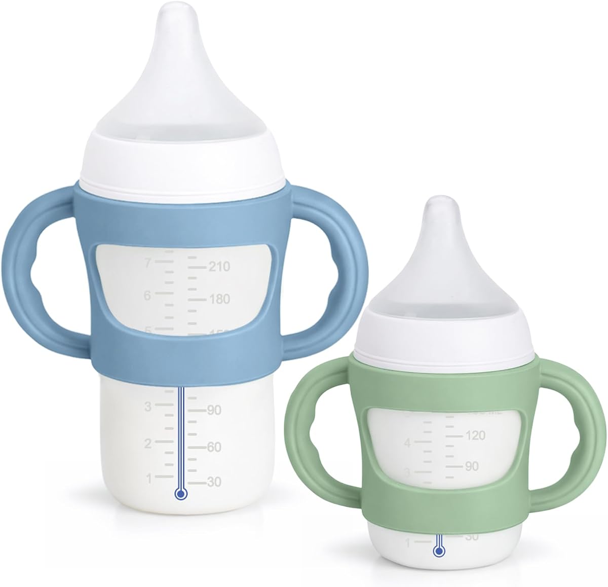 Paquete de 2 asas de silicona para biberones NUK, azul + verde | Para NUK 5 oz y 8 oz, soporte para biberón de fácil agarre, para autoalimentación del bebé, se adapta a biberones NUK Simply Natural, sin BPA