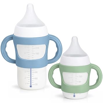 2 Pack Silicone Baby Bottle Handles for NUK 5oz & 8oz, Easy Grip Baby Bottle Holder for Baby Self Feeding, Fits NUK Simply Natural Baby Bottles, BPA Free - Blue+Green
