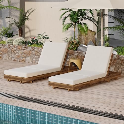 Merax 2-Piece Acacia Wood Chaise Lounge Set w/ 6-Position Adjustable Backrest & Cushion - Outdoor Patio Poolside Furniture, Beige by Merax - Used condition - US$673.19